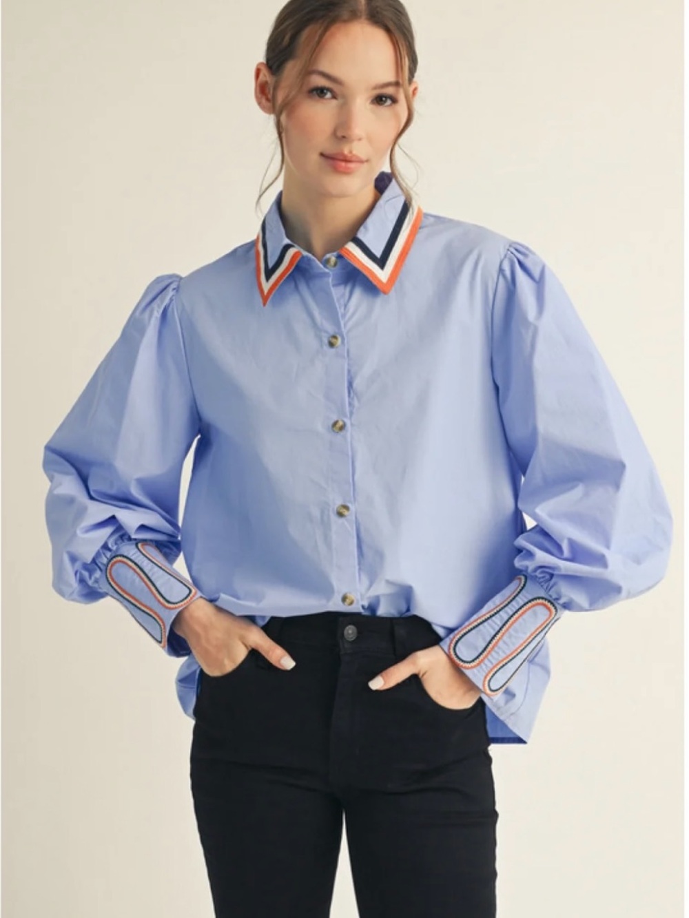 Jodifl NWT EMBROIDERED ACCENT PUFF SLEEVE Blue BUTTON-DOWN SHIRT Sz S  Office